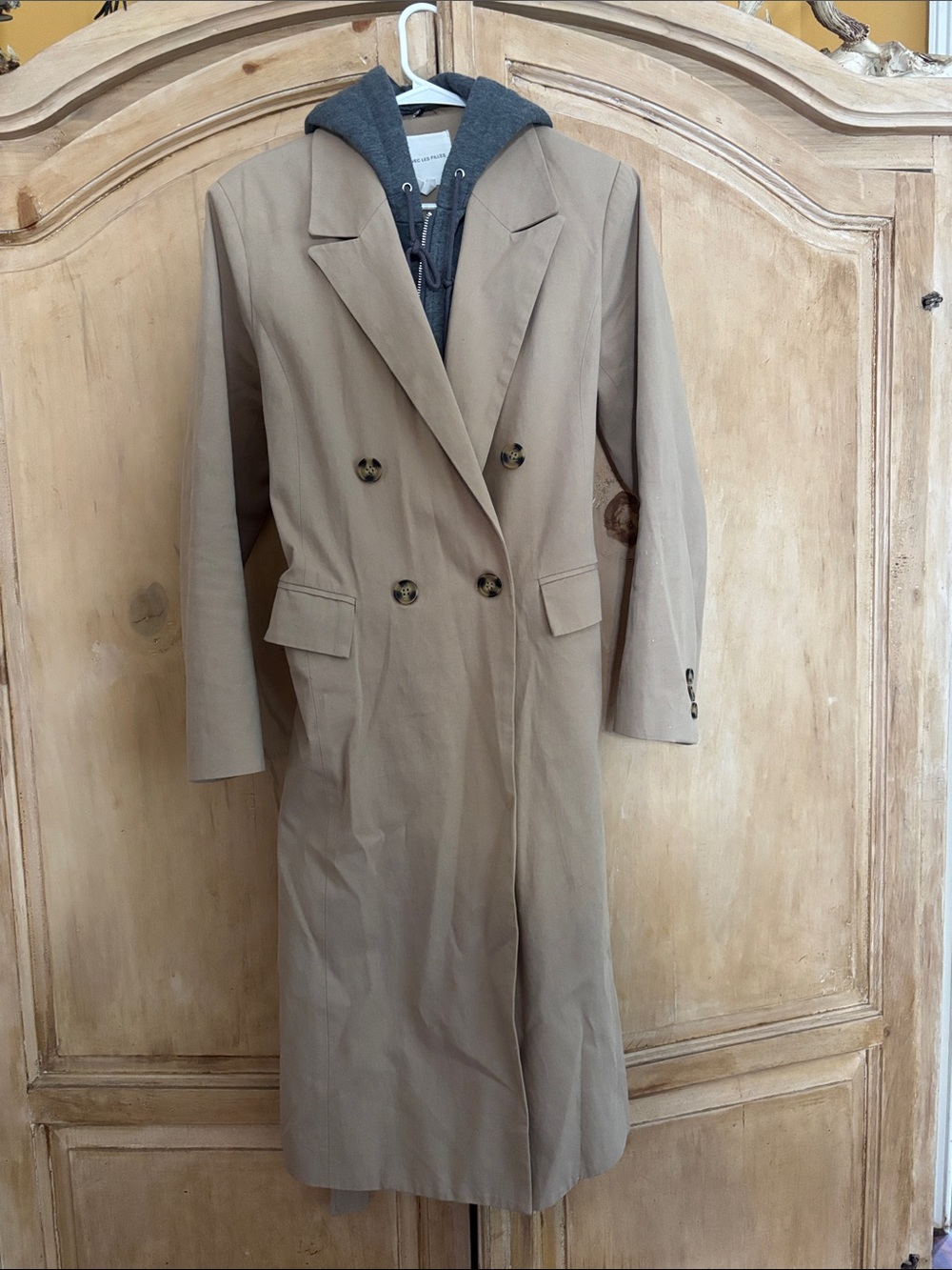 Avec Les Filles Double-Breasted Trench Coat, removable hood, lining.